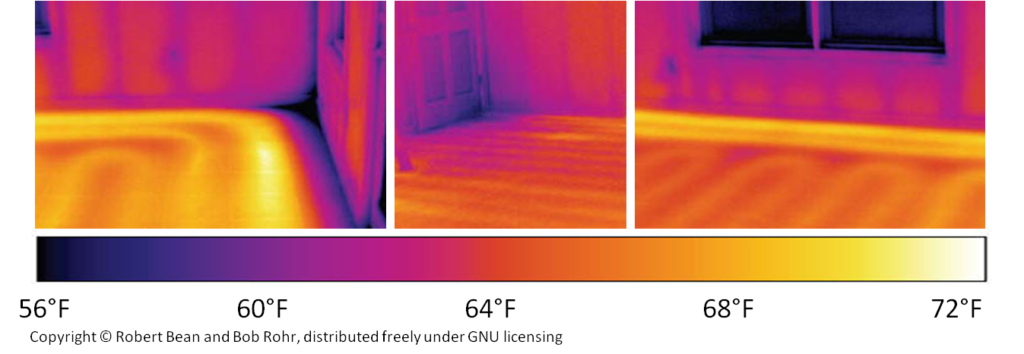 تصاویر ترموگرافی از اتاقی که با گرمایش تابشی دمای پایین کمی پس از راه‌اندازی سیستم گرم می‌شود